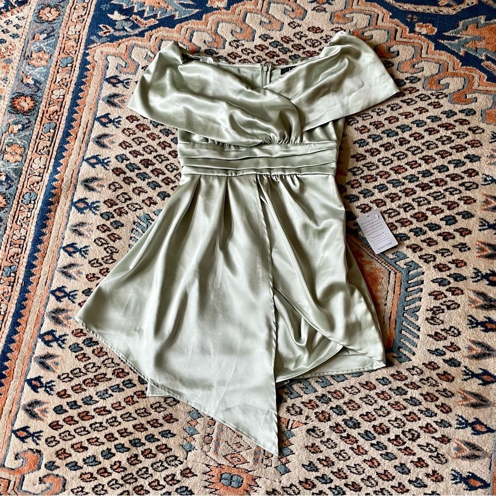 Lulu’s Always Celebrating Sage Green Satin Off-the-Shoulder Mini Dress